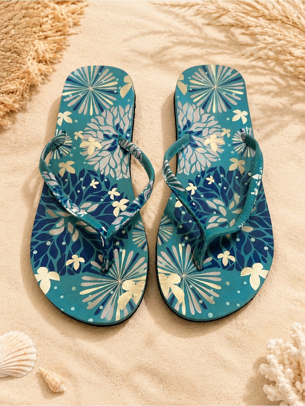 Floral Blue Flip Flops Women’s Size 9 Tropical Beach Sandals Summer Sandal Thong